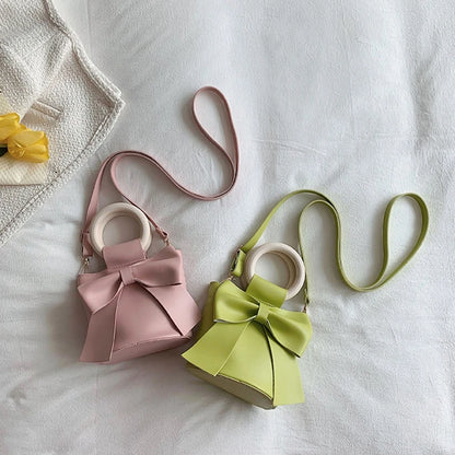 Girls Shoulder Bag Mini Handbags Women's Bow Tie Bucket Bag Fashion Crossbody Bag Female Round Wooden Handle Gifts