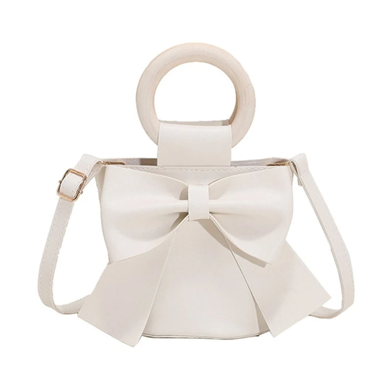 Girls Shoulder Bag Mini Handbags Women's Bow Tie Bucket Bag Fashion Crossbody Bag Female Round Wooden Handle Gifts
