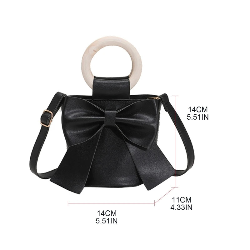Girls Shoulder Bag Mini Handbags Women's Bow Tie Bucket Bag Fashion Crossbody Bag Female Round Wooden Handle Gifts