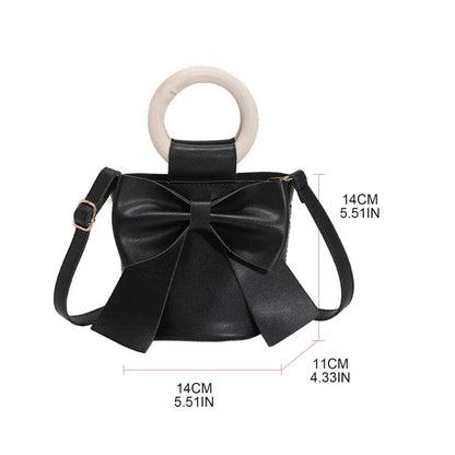 Girls Shoulder Bag Mini Handbags Women's Bow Tie Bucket Bag Fashion Crossbody Bag Female Round Wooden Handle Gifts