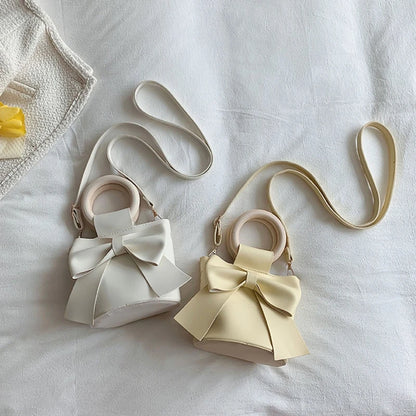 Girls Shoulder Bag Mini Handbags Women's Bow Tie Bucket Bag Fashion Crossbody Bag Female Round Wooden Handle Gifts