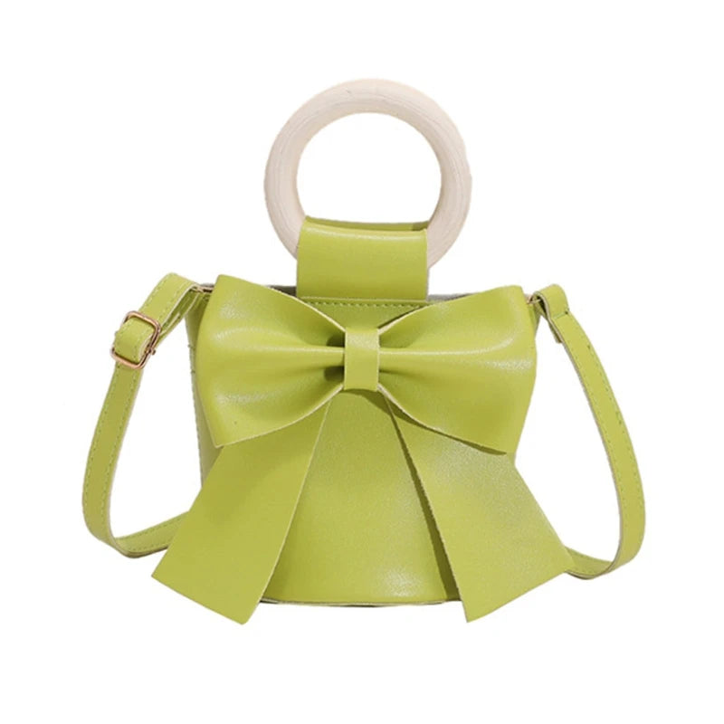 Girls Shoulder Bag Mini Handbags Women's Bow Tie Bucket Bag Fashion Crossbody Bag Female Round Wooden Handle Gifts
