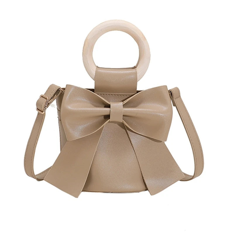 Girls Shoulder Bag Mini Handbags Women's Bow Tie Bucket Bag Fashion Crossbody Bag Female Round Wooden Handle Gifts
