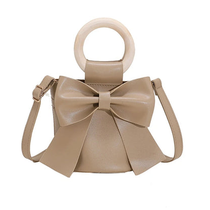 Girls Shoulder Bag Mini Handbags Women's Bow Tie Bucket Bag Fashion Crossbody Bag Female Round Wooden Handle Gifts