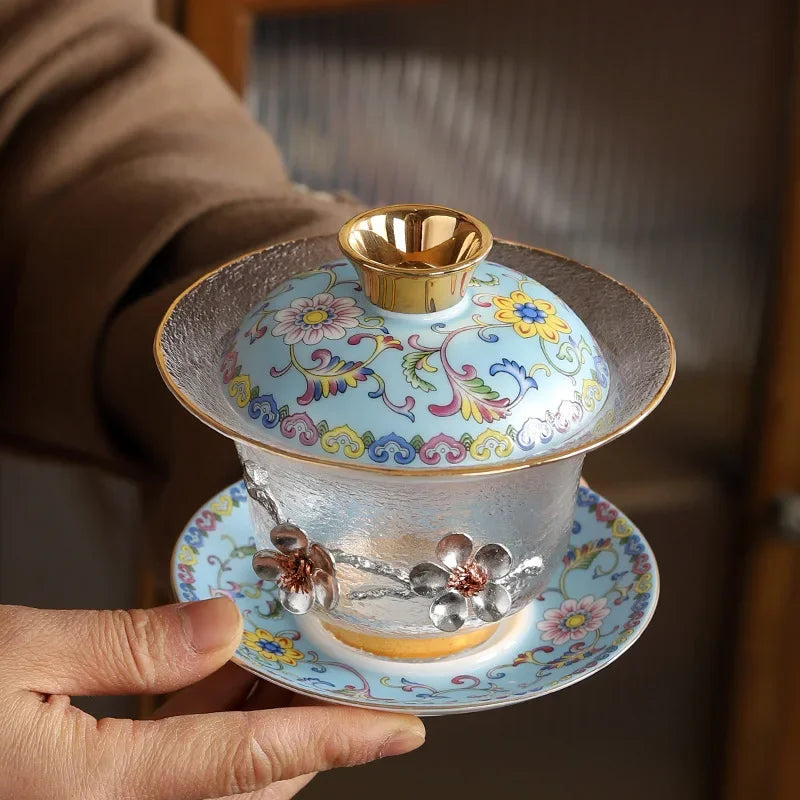 Glass Sancai Gaiwan Color Enamel Chinese Kungfu Tea Tureen Heat-resistant Glass Teacups Elegant Teaware Luxury Tea Bowl Cups