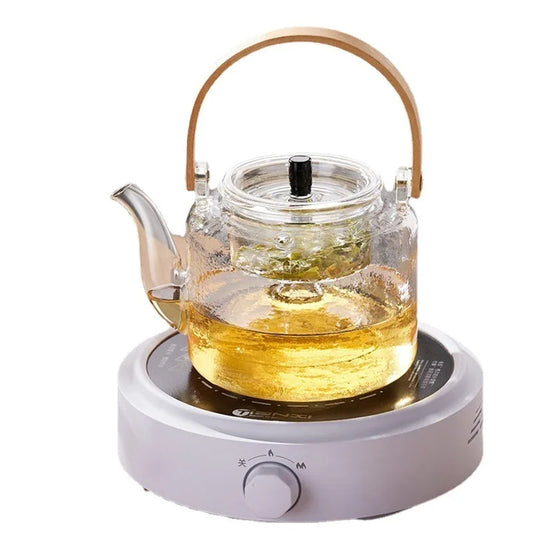 Glass Tea Pot with Bamboo Handle Steaming and Boiling Double Filter Liner Teapot Set Transparent Glass Kettle