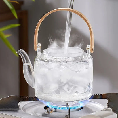 Glass Tea Pot with Bamboo Handle Steaming and Boiling Double Filter Liner Teapot Set Transparent Glass Kettle