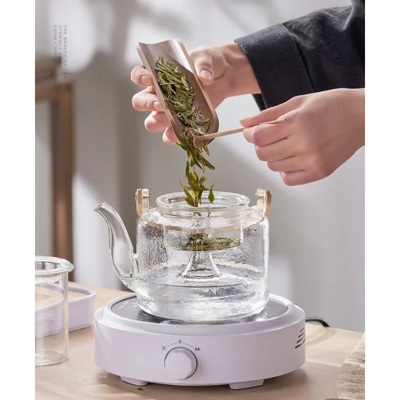 Glass Tea Pot with Bamboo Handle Steaming and Boiling Double Filter Liner Teapot Set Transparent Glass Kettle