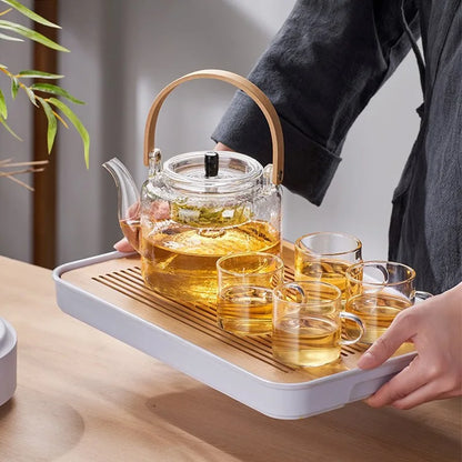 Glass Tea Pot with Bamboo Handle Steaming and Boiling Double Filter Liner Teapot Set Transparent Glass Kettle