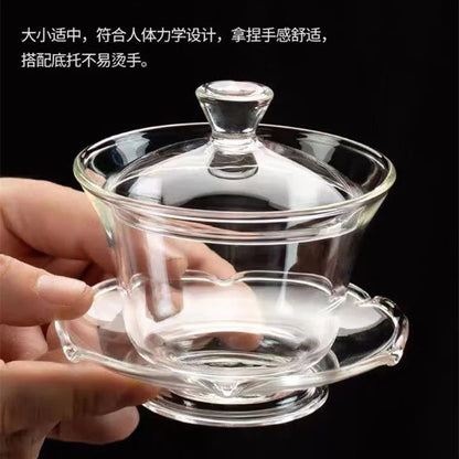 Glass covered bowl tea cup Kung Fu tea set thickened transparent teapot Handmade Large tea serving Sancai bowl household