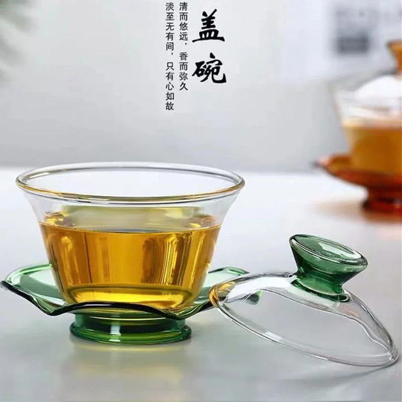 Glass covered bowl tea cup Kung Fu tea set thickened transparent teapot Handmade Large tea serving Sancai bowl household