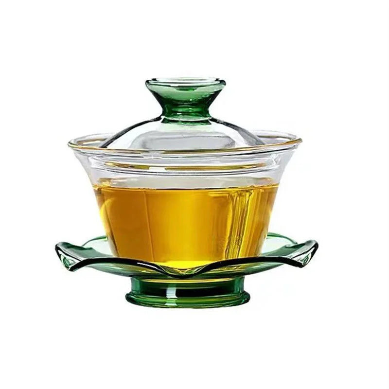 Glass covered bowl tea cup Kung Fu tea set thickened transparent teapot Handmade Large tea serving Sancai bowl household