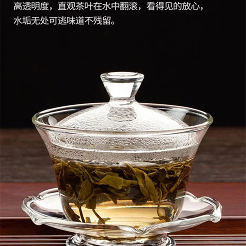 Glass covered bowl tea cup Kung Fu tea set thickened transparent teapot Handmade Large tea serving Sancai bowl household