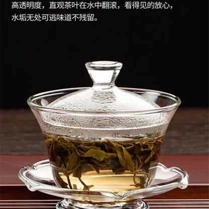 Glass covered bowl tea cup Kung Fu tea set thickened transparent teapot Handmade Large tea serving Sancai bowl household