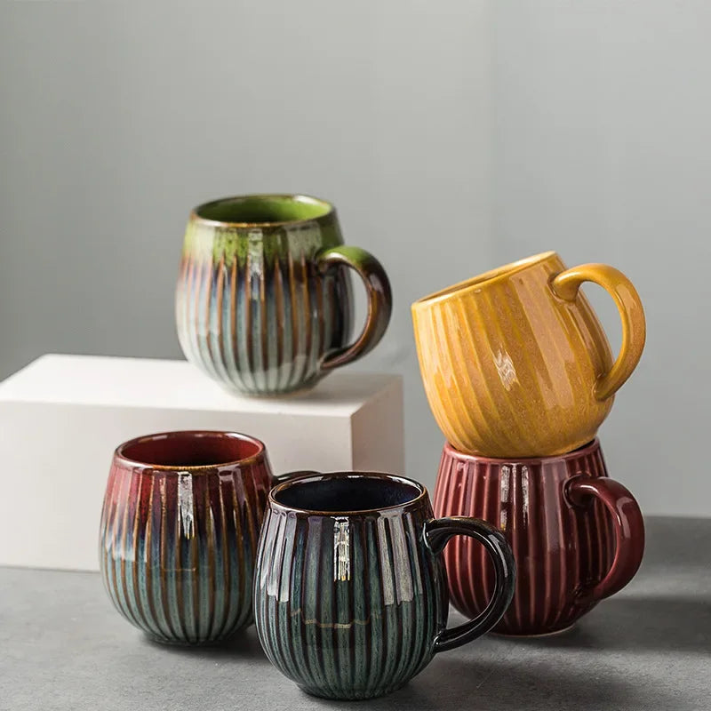 Glaze Kiln-Creative Vertical Pattern Water Mug with Handle, Coffee Cup, Large Capacity Ceramic, Retro Japanese Style Milk