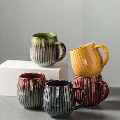 Glaze Kiln-Creative Vertical Pattern Water Mug with Handle, Coffee Cup, Large Capacity Ceramic, Retro Japanese Style Milk