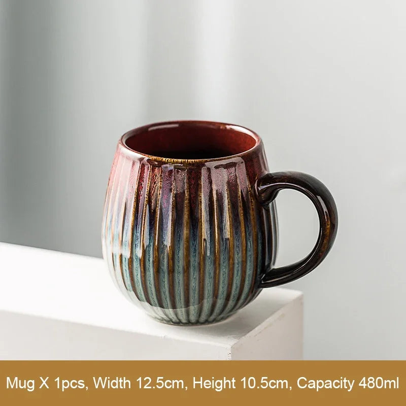 Glaze Kiln-Creative Vertical Pattern Water Mug with Handle, Coffee Cup, Large Capacity Ceramic, Retro Japanese Style Milk