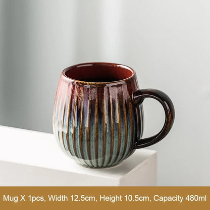 Glaze Kiln-Creative Vertical Pattern Water Mug with Handle, Coffee Cup, Large Capacity Ceramic, Retro Japanese Style Milk