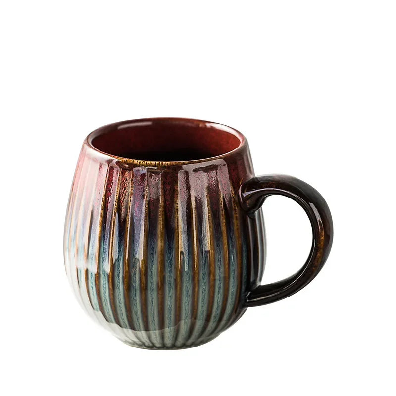 Glaze Kiln-Creative Vertical Pattern Water Mug with Handle, Coffee Cup, Large Capacity Ceramic, Retro Japanese Style Milk