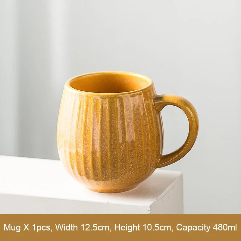 Glaze Kiln-Creative Vertical Pattern Water Mug with Handle, Coffee Cup, Large Capacity Ceramic, Retro Japanese Style Milk