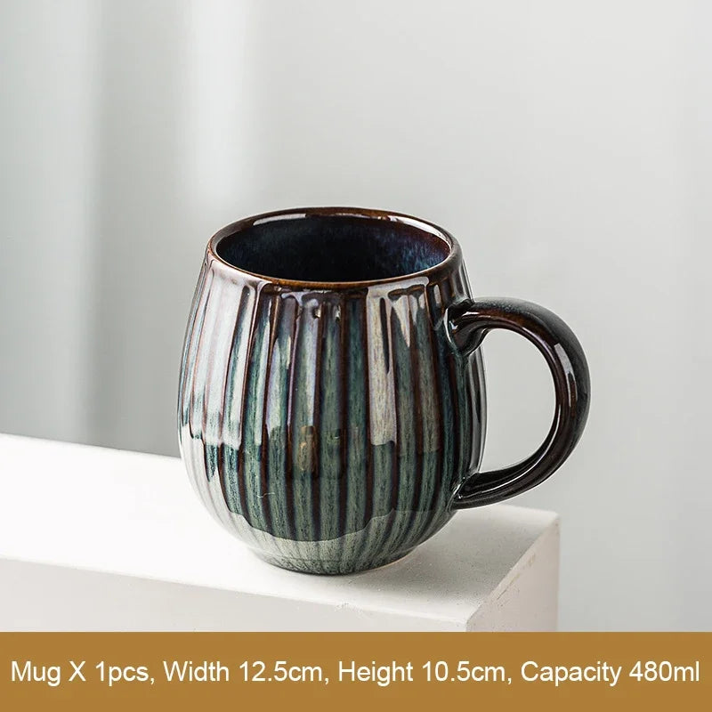 Glaze Kiln-Creative Vertical Pattern Water Mug with Handle, Coffee Cup, Large Capacity Ceramic, Retro Japanese Style Milk