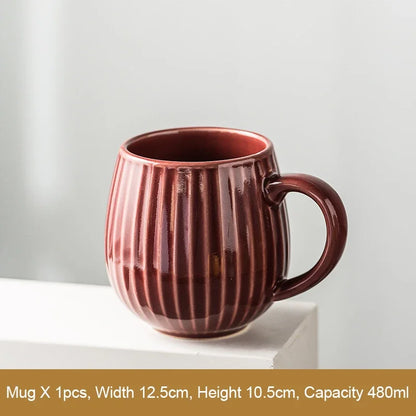 Glaze Kiln-Creative Vertical Pattern Water Mug with Handle, Coffee Cup, Large Capacity Ceramic, Retro Japanese Style Milk