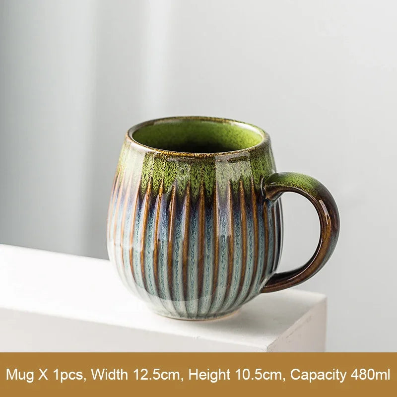 Glaze Kiln-Creative Vertical Pattern Water Mug with Handle, Coffee Cup, Large Capacity Ceramic, Retro Japanese Style Milk