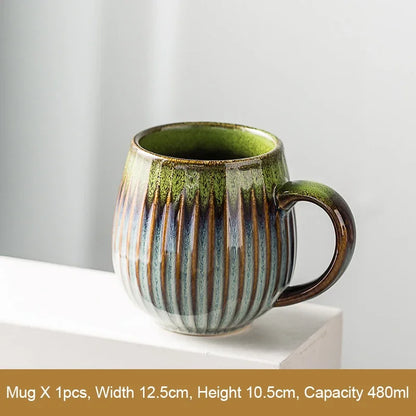 Glaze Kiln-Creative Vertical Pattern Water Mug with Handle, Coffee Cup, Large Capacity Ceramic, Retro Japanese Style Milk