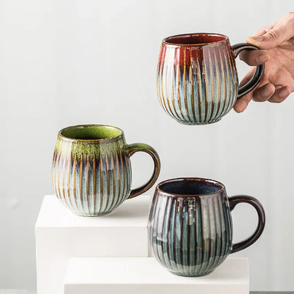 Glaze Kiln-Creative Vertical Pattern Water Mug with Handle, Coffee Cup, Large Capacity Ceramic, Retro Japanese Style Milk