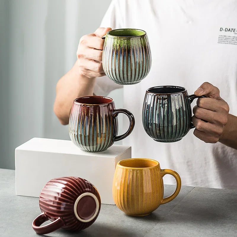 Glaze Kiln-Creative Vertical Pattern Water Mug with Handle, Coffee Cup, Large Capacity Ceramic, Retro Japanese Style Milk