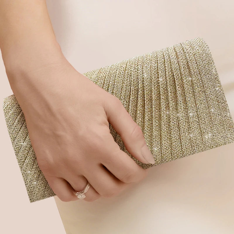 Glitter Envelope Fold Day Clutch for Women Shiny Silver Handbag Fashion Ladies Long Wallet with Chain Evening Bag Party Wedding