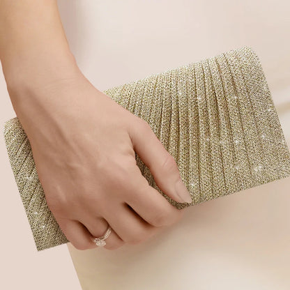 Glitter Envelope Fold Day Clutch for Women Shiny Silver Handbag Fashion Ladies Long Wallet with Chain Evening Bag Party Wedding
