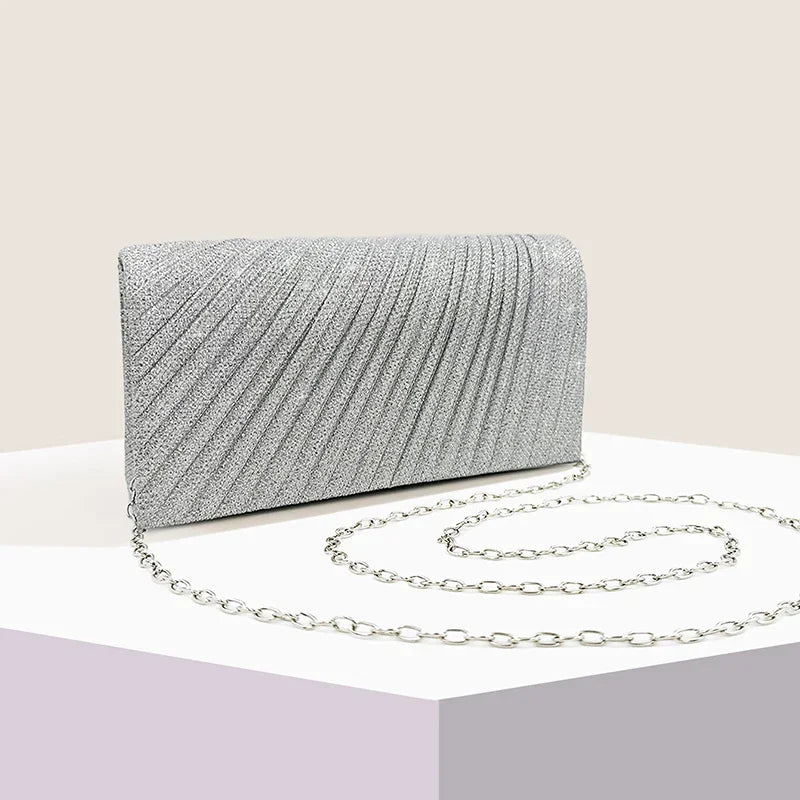 Glitter Envelope Fold Day Clutch for Women Shiny Silver Handbag Fashion Ladies Long Wallet with Chain Evening Bag Party Wedding