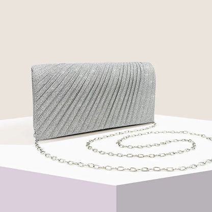 Glitter Envelope Fold Day Clutch for Women Shiny Silver Handbag Fashion Ladies Long Wallet with Chain Evening Bag Party Wedding