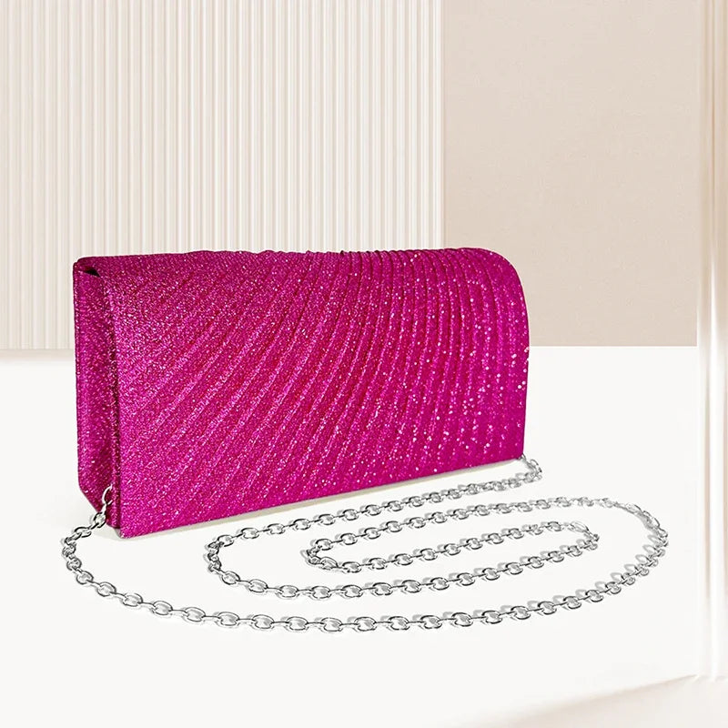Glitter Envelope Fold Day Clutch for Women Shiny Silver Handbag Fashion Ladies Long Wallet with Chain Evening Bag Party Wedding