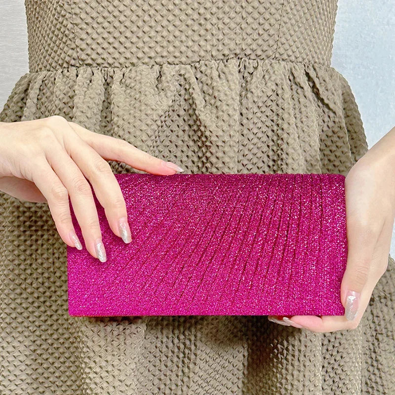 Glitter Envelope Fold Day Clutch for Women Shiny Silver Handbag Fashion Ladies Long Wallet with Chain Evening Bag Party Wedding