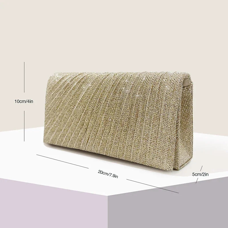 Glitter Envelope Fold Day Clutch for Women Shiny Silver Handbag Fashion Ladies Long Wallet with Chain Evening Bag Party Wedding