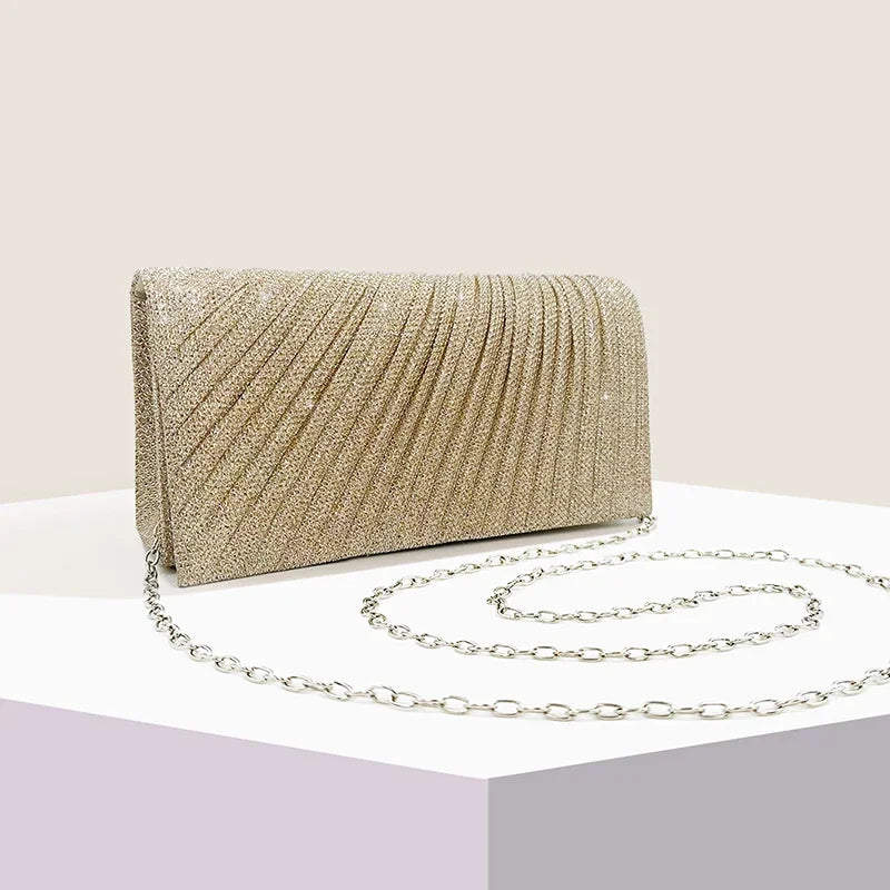 Glitter Envelope Fold Day Clutch for Women Shiny Silver Handbag Fashion Ladies Long Wallet with Chain Evening Bag Party Wedding