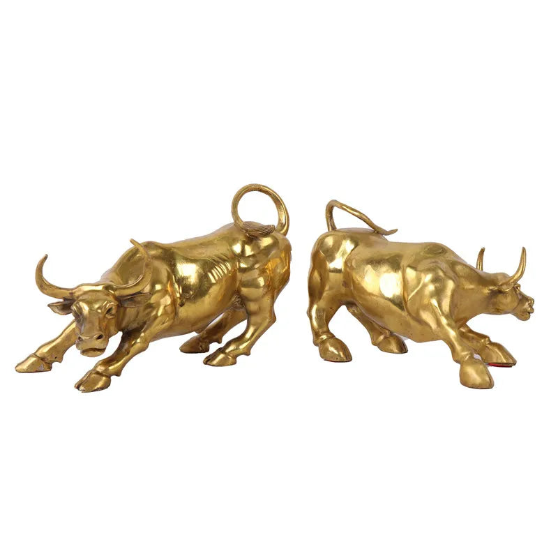 Gold Brass Charging Stock Market Bull Ornament Animal Figurine Wall Street Bull OX Statue Feng Shui Sculpture Home Office Decor