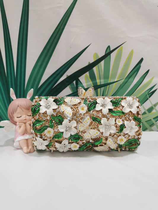 Gold Color Floral Diamond Bridal Wedding Evening Woman Bag Colorful Flower Leaves Dinner Crystal Lady Clutch Purses and Handbags