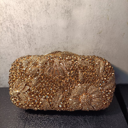 Gold Flower Woman Wedding Bridal Party Evening Bag Floral Diamond Crystal Stone Handbag Gala Banquet Rhinestone Prom Lady Purse