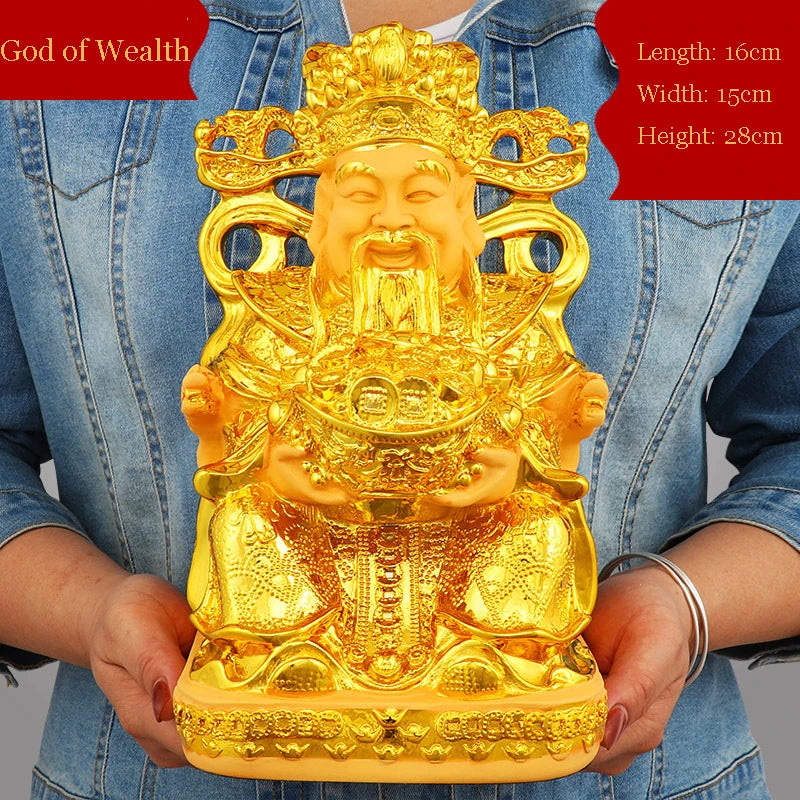 Gold God of Wealth Lucky Fengshui Resin Statue Home Decor Entrance Living Room Decorations Crafts
