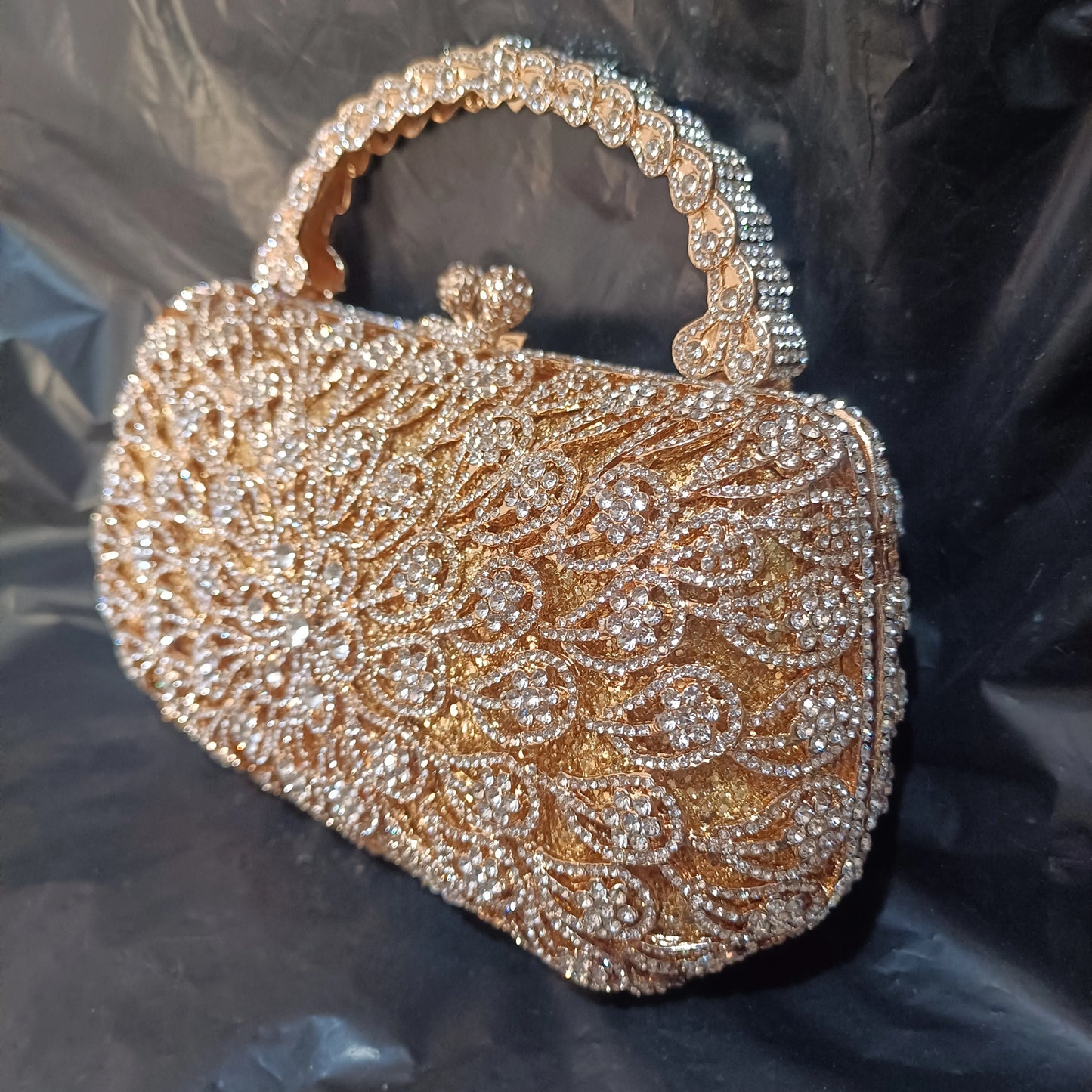 Gold Hollow Out Flower Gala Metal Crystal Purse Shinny Diamond Dinner Party Handbag Woman Wedding Bridal Floral Bag With Handle