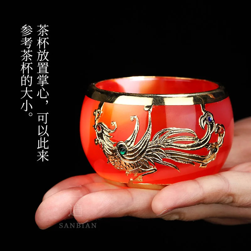 Gold Inlaid with Jade Tea Cup Agate Tea Cup Thickened Glaze Jade Tea Cup Kung Fu Tea Cup Individual Single Cup Master Cup