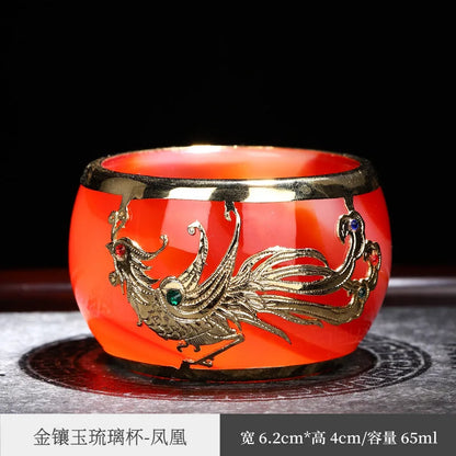 Gold Inlaid with Jade Tea Cup Agate Tea Cup Thickened Glaze Jade Tea Cup Kung Fu Tea Cup Individual Single Cup Master Cup