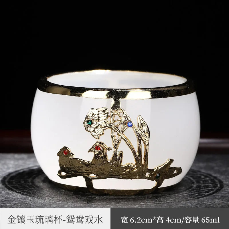 Gold Inlaid with Jade Tea Cup Agate Tea Cup Thickened Glaze Jade Tea Cup Kung Fu Tea Cup Individual Single Cup Master Cup