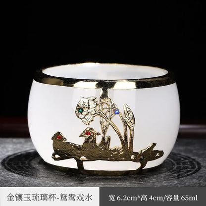 Gold Inlaid with Jade Tea Cup Agate Tea Cup Thickened Glaze Jade Tea Cup Kung Fu Tea Cup Individual Single Cup Master Cup