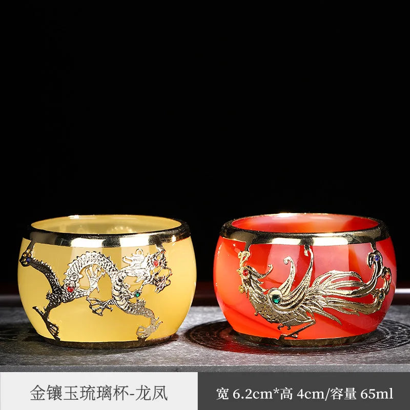 Gold Inlaid with Jade Tea Cup Agate Tea Cup Thickened Glaze Jade Tea Cup Kung Fu Tea Cup Individual Single Cup Master Cup
