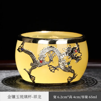Gold Inlaid with Jade Tea Cup Agate Tea Cup Thickened Glaze Jade Tea Cup Kung Fu Tea Cup Individual Single Cup Master Cup