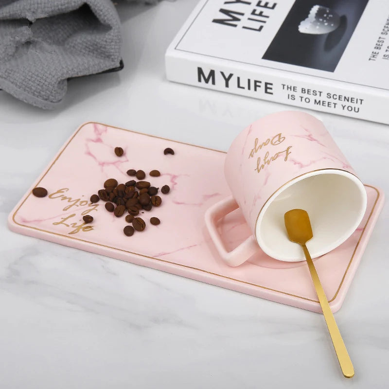 Gold Inlay Marble Coffee Cup with Spoon and Saucer Ceramic Afternoon Tea Cup Dish Plates INS Fashion Milk Mug Drop Shipping